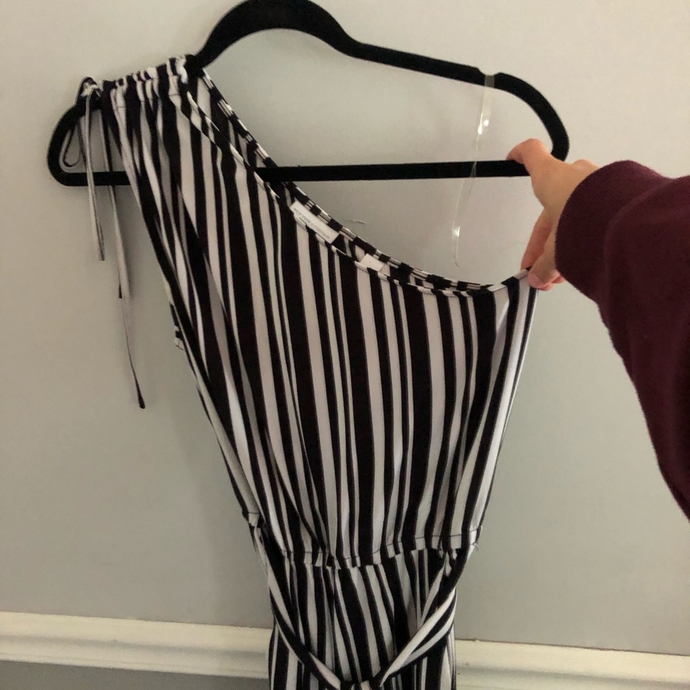 B&W one shoulder, floor length jumpsuit
